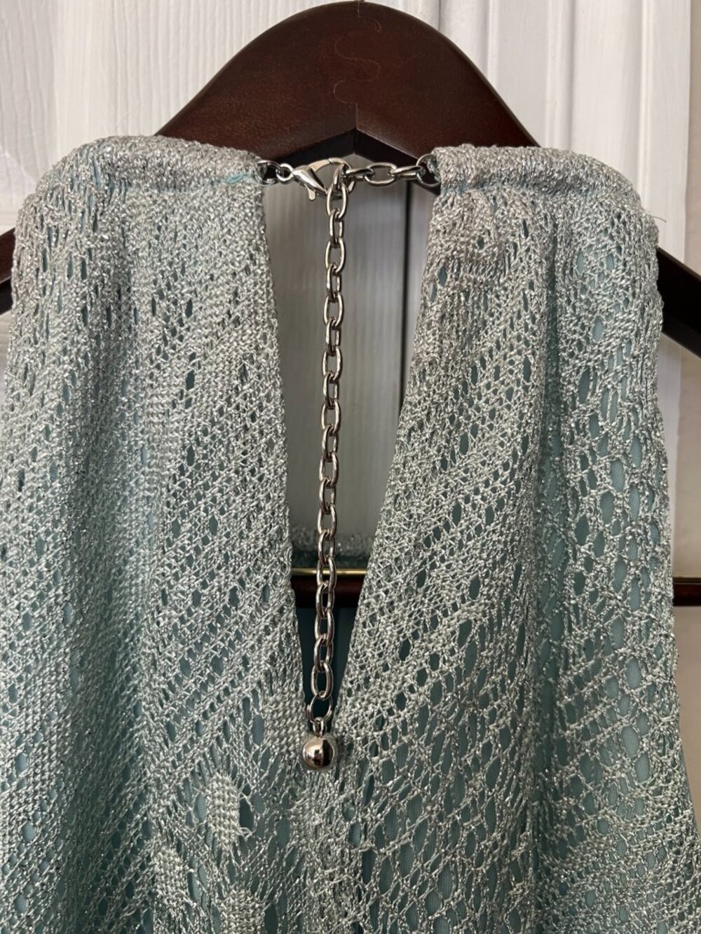SLNY Metallic Crochet Lace Halter Fringe Dress Flapper Y2K Made in USA - Picture 6 of 7